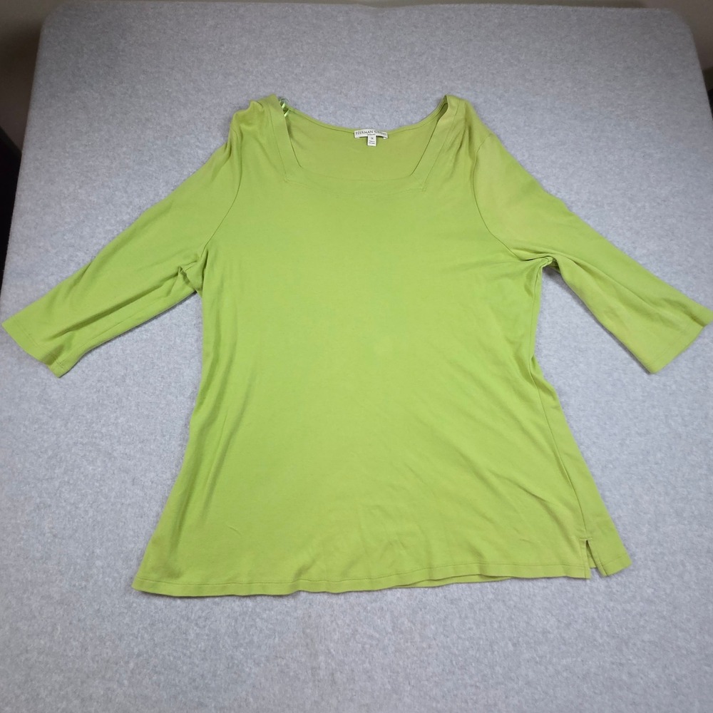 Herman Geist Woman Lime Green Square Neck 3/4 Sleeve Top 3X Solid Knit Shirt